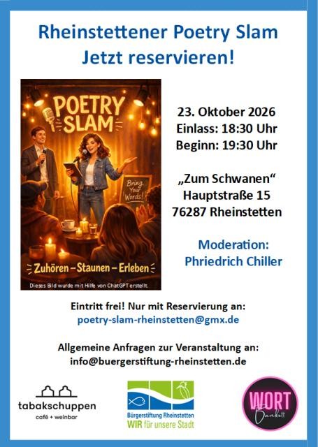 Plakat zur Veranstaltung mit den Logos vom Tabakschuppen, von der Bürgerstiftung Rheinstetten und dem WortBankett. Auf dem Plakat befindet sich eines mit Hilfe von ChatGPT erstelltes Stimmungsbild. Plakat zur Veranstaltung mit den Logos vom Tabakschuppen, von der Bürgerstiftung Rheinstetten und dem WortBankett. Auf dem Plakat befindet sich eines mit Hilfe von ChatGPT erstelltes Stimmungsbild.