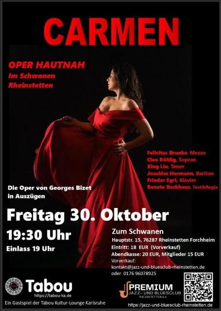 Die Oper von Georges Bizet hautnah im Schwanen Veranstaltungsplakat mit Carmen im roten Kleid und Texten mit Termin und kurzer Beschreibung; Logo Premium Jazzclub und Tabou