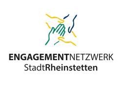 Schrift Engagementnetzwerk Stadt Rheinstetten mit vier farblich skizzierten Händen in Grün, Blau und Gelb