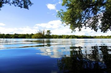 Ansicht der Startseite der neuen Homepage mit Naturfoto (See und Bäume) im Hintergrund und den verschiedenen Seitenpfaden im unteren Teil des Bildes. Stadtlogo