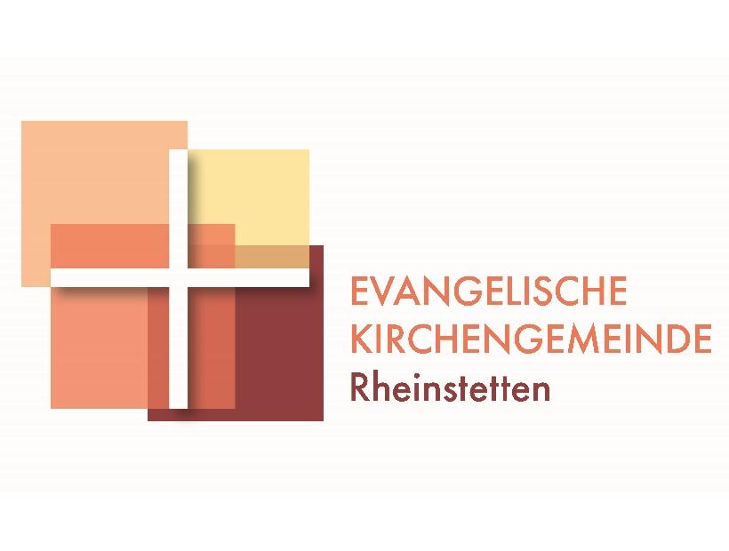 weißes Kreuz auf bunten Kacheln und ein Schriftzug "Evangelische Kirchengemeinde Rheinstetten" auf schwarzem Hintergrund