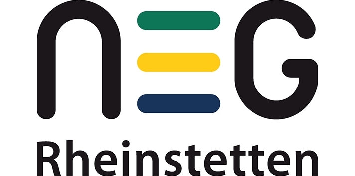 Logo NEG in stilisierten Buchstaben in Schwarz, Grün, Gelb und Blau