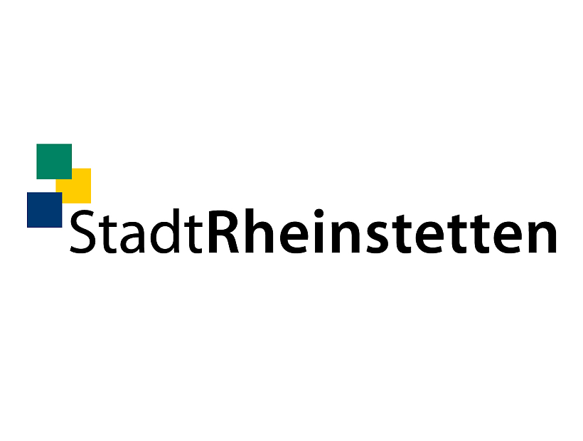 Logo der Stadt Rheinstetten mit Schriftzug und drei Quadraten in grün, blau, rot