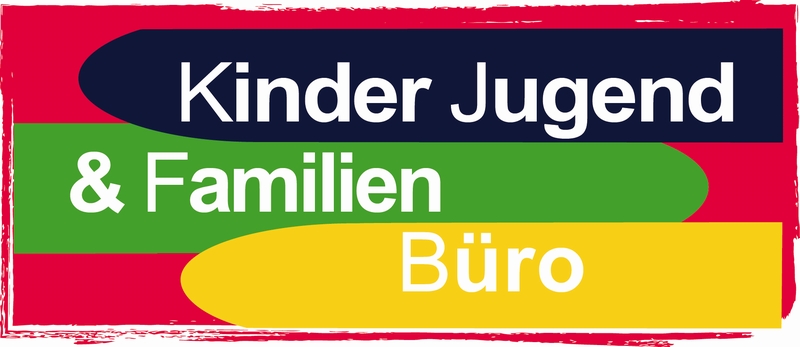 Logo: Kinder Jugend & Familie Büro - Die Worte sind in Weiß auf schwarzem, grünem und gelbem Grund unterlegt, alles zusammen ist in Rot unterlegt.